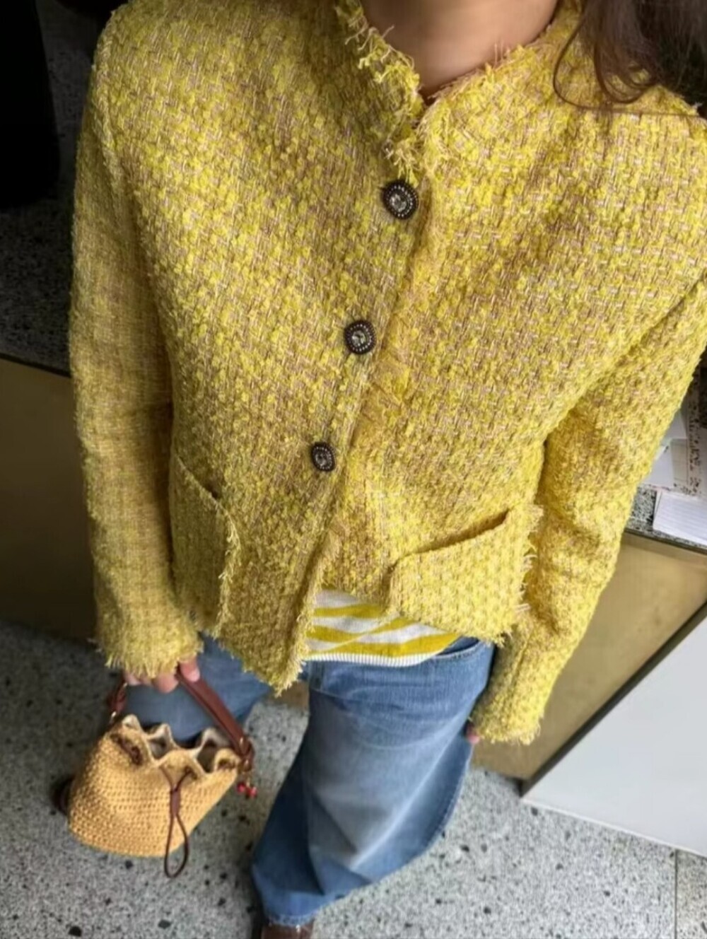 Tassel Design Fashionable O-Neck Sweet Yellow Tweed Jackets Korean Style Coats
